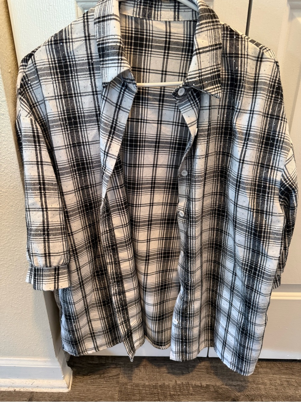 SHEIN Black & White Plaid Button-Down Shirt with sparkles
